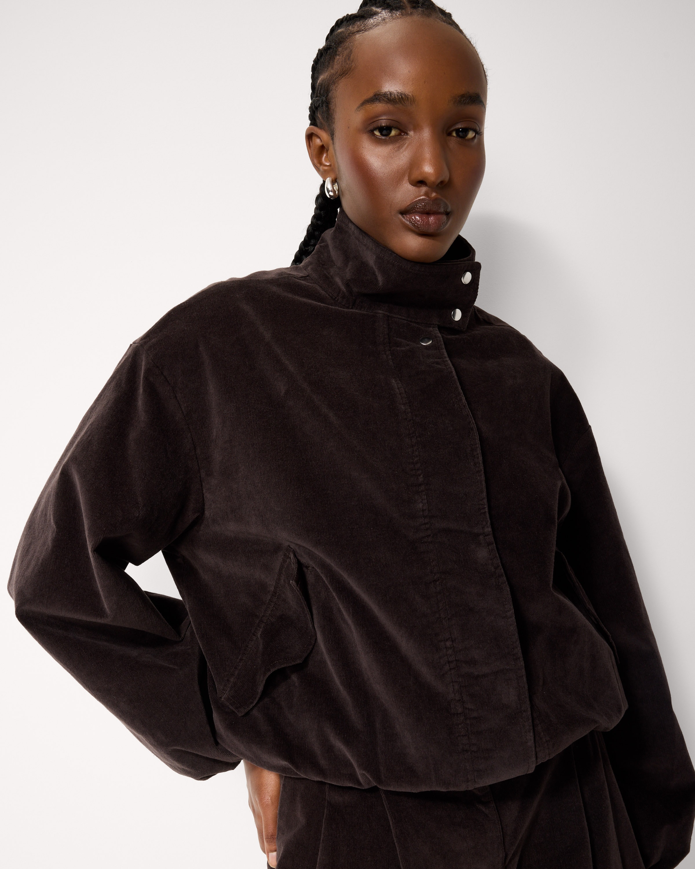 F&F Cotton Rich Corduroy Funnel Neck Bomber Jacket in Brown, 20, Womens