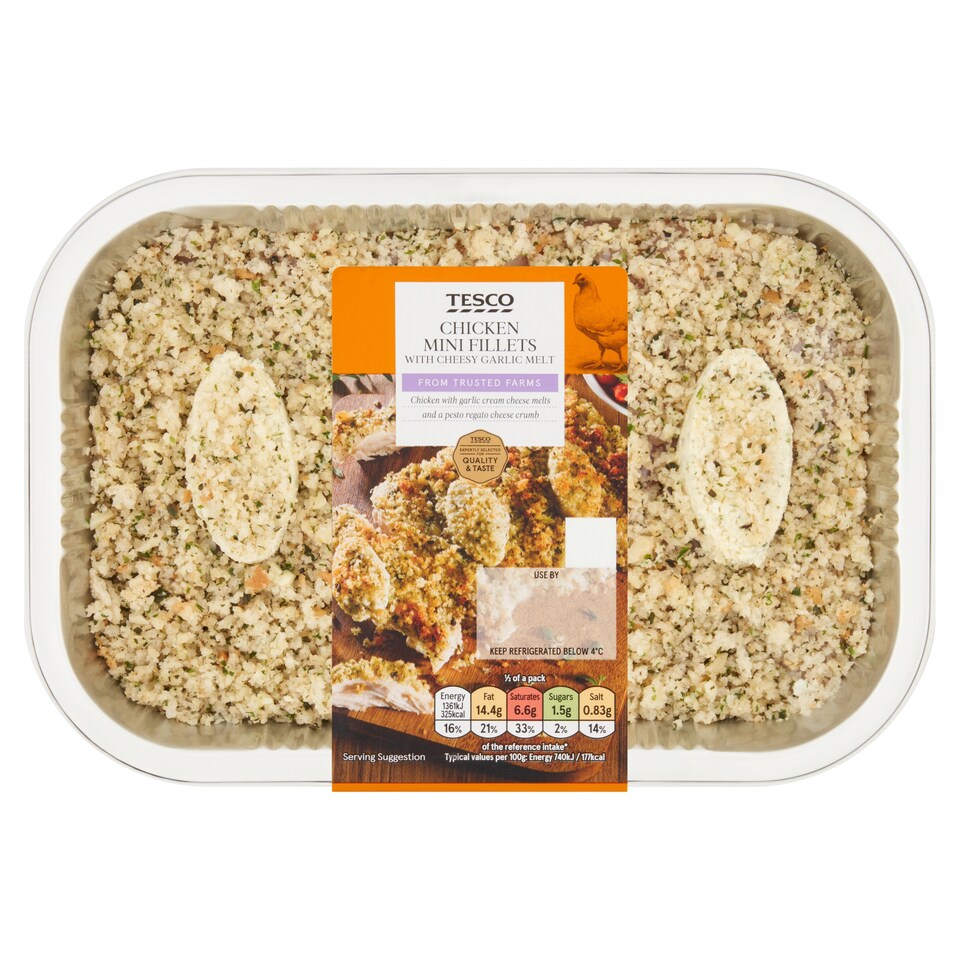 Tesco Chicken Mini Fillets with Cheesy Garlic Melt 400g.