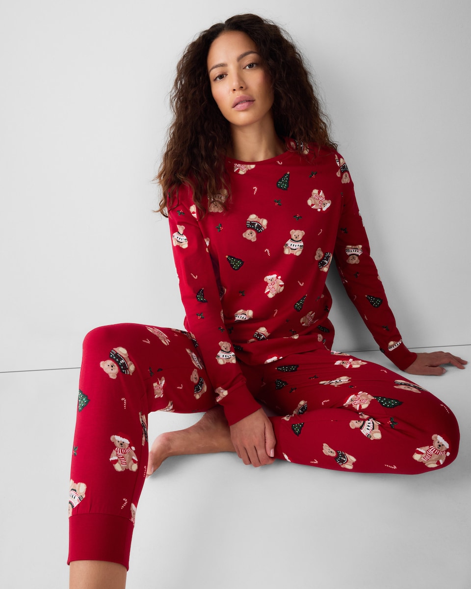 image 1 of Christmas Pure Cotton Festive Bear Matching Family Pyjama Set in Red