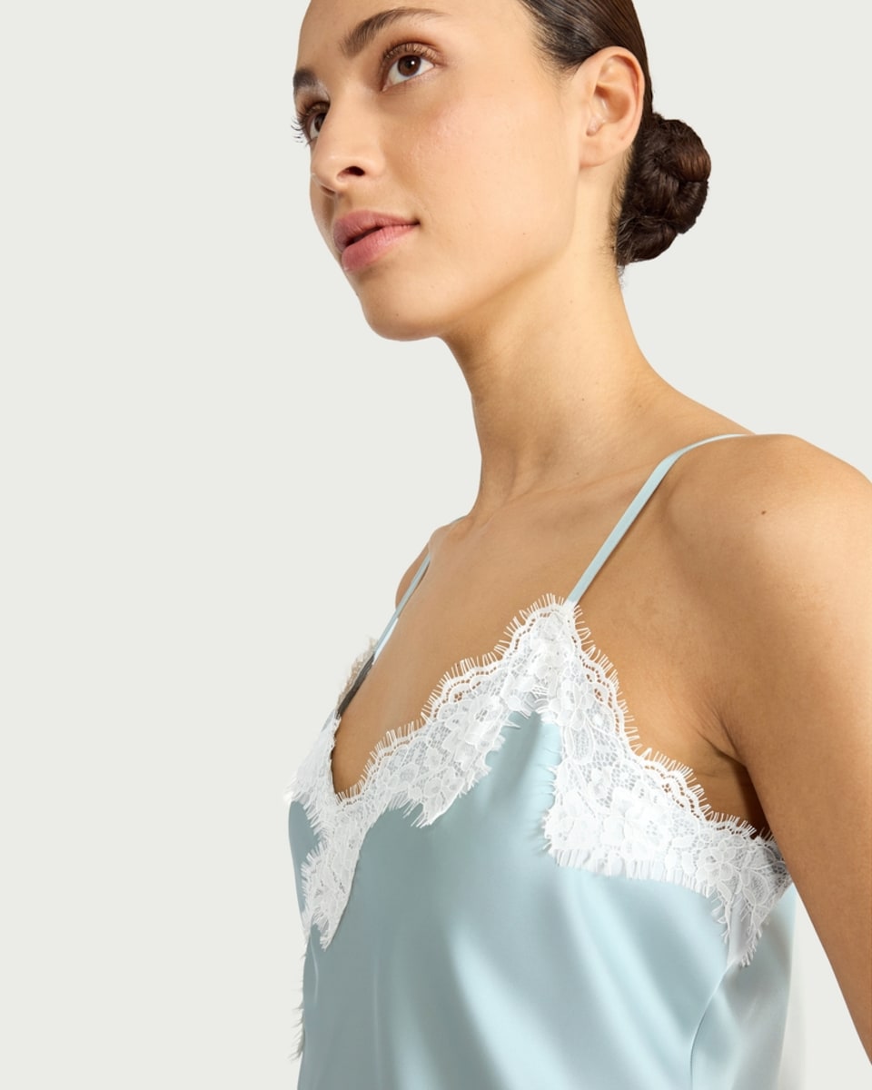 image 1 of F&F Asymmetric Hem Lace Trim Cami Top in Blue