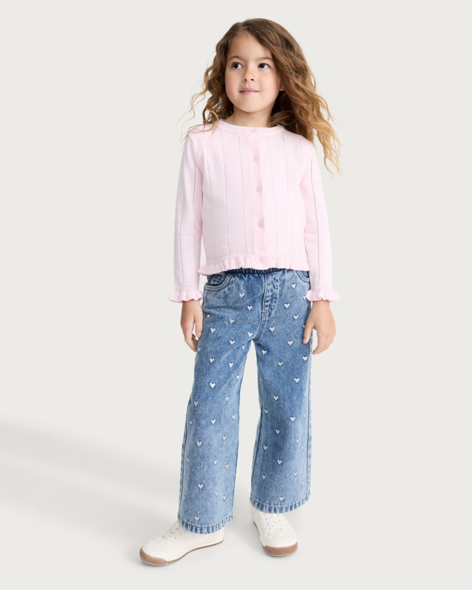 image 1 of F&F Girls Pure Cotton Pointelle Frill Trim Cardigan in Pink