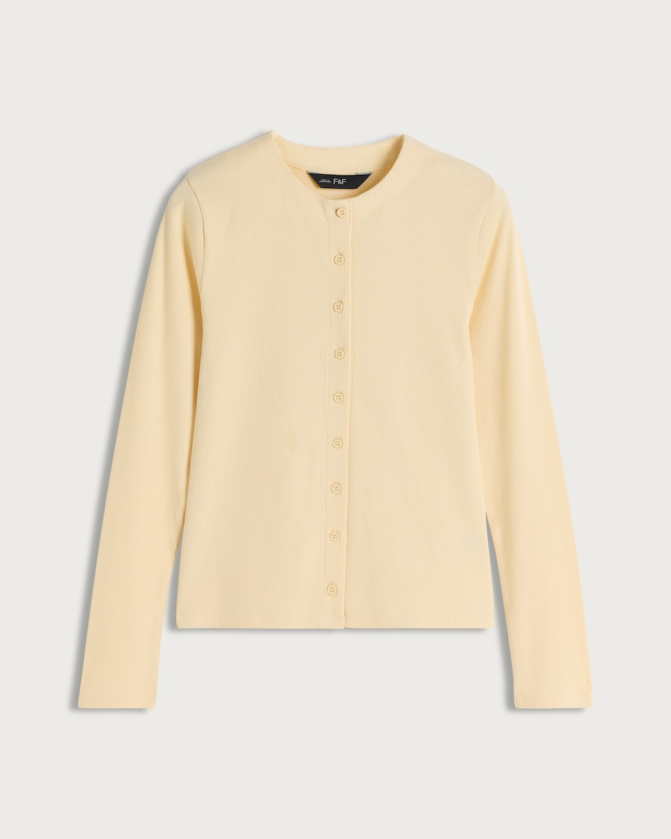 image 1 of F&F Cotton Rich Ribbed Button Up Long Sleeved Top in Yellow