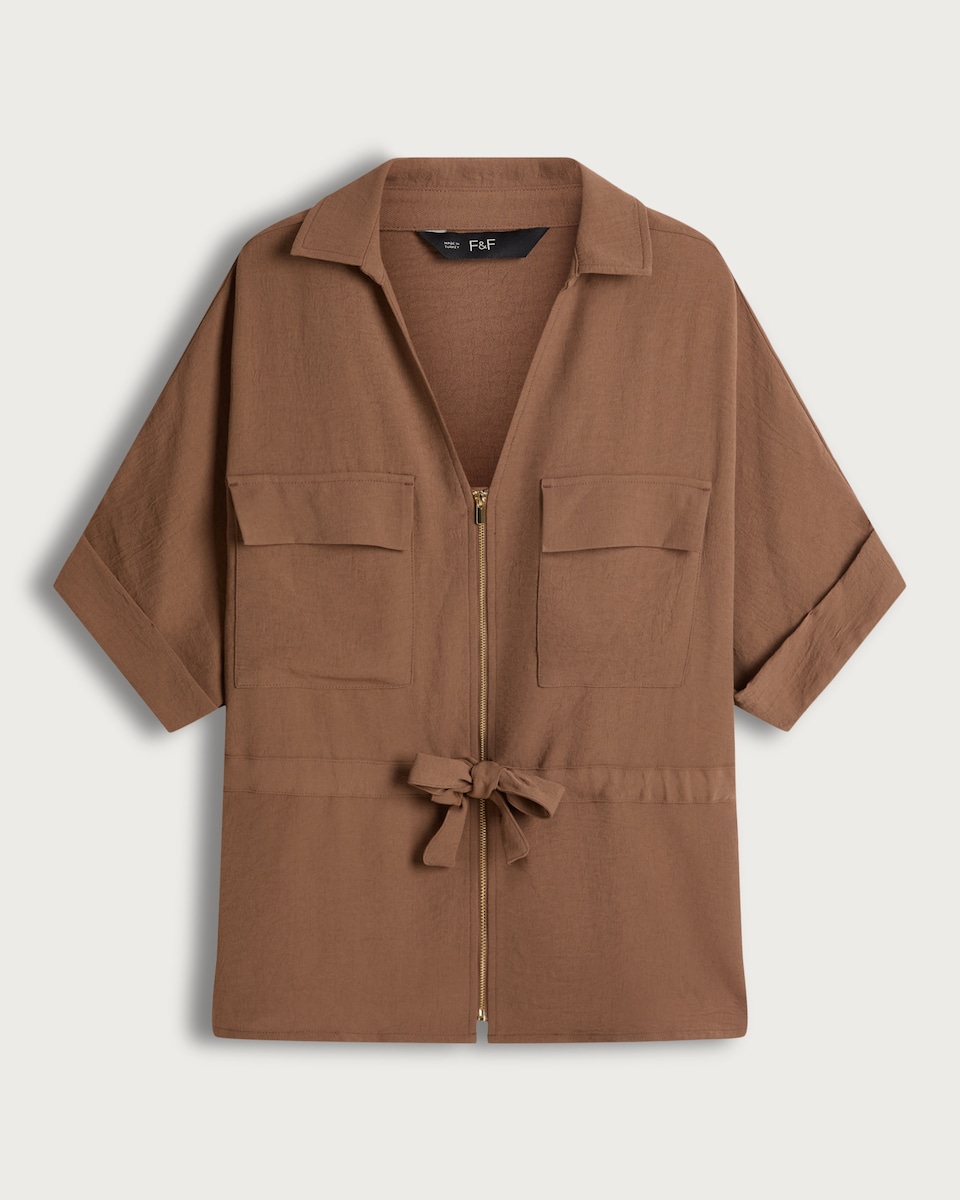F&F Zip Front Tie Waist Shirt in Brown