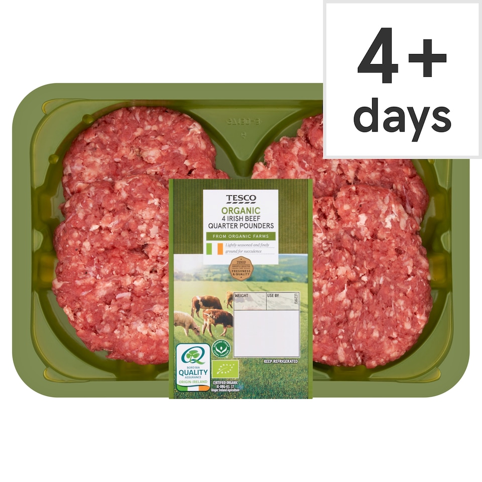 Tesco Organic 4 Irish Beef Quarter Pounders 454G