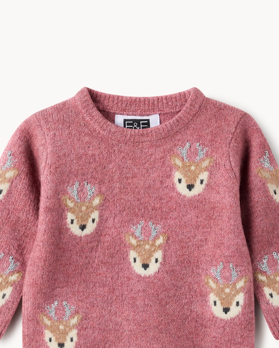 image 1 of Christmas Baby Knitted Reindeer Jumper and Leggings Set in Pink