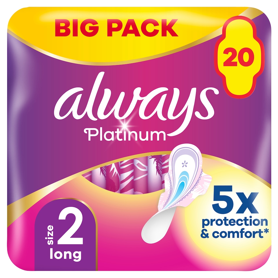 image 1 of Always Platinum Long Size 2 Sanitary Towels with Wings 20 Pack