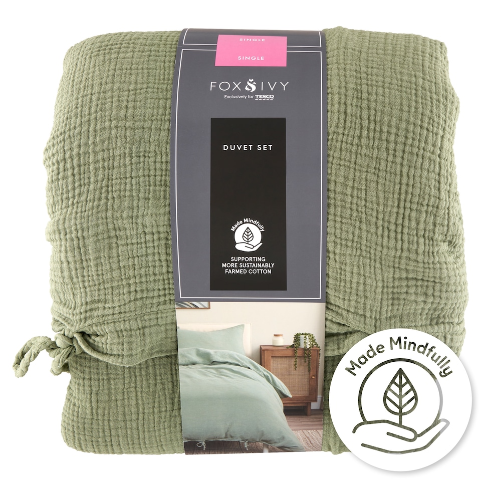 Fox & Ivy Muslin Sage Single Duvet Set 140 cm x 200 cm
