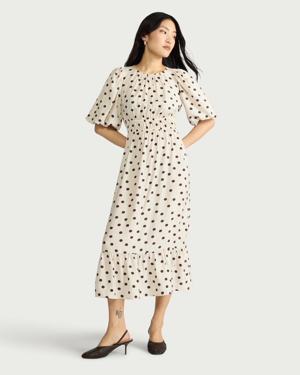 image 1 of F&F Shirred Polka Dot Midi Dress in Cream