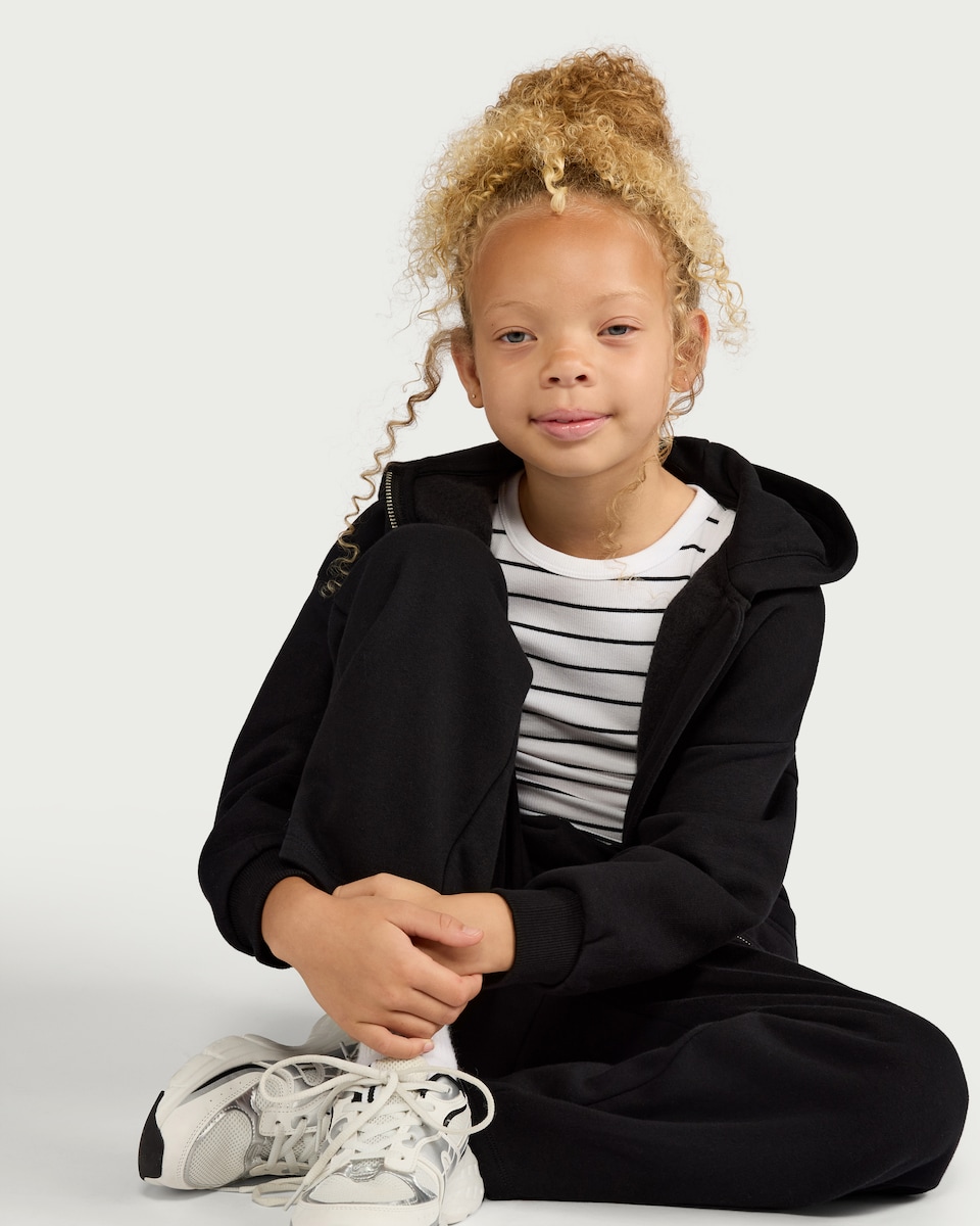 image 1 of F&F Girls Cotton Rich Zip Up Hoodie in Black