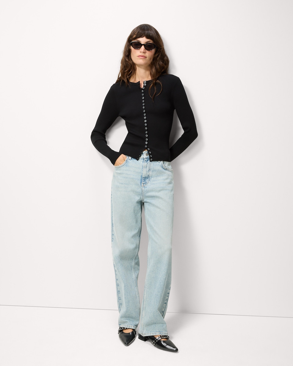 image 1 of F&F Ribbed Button Up Cardigan in Black