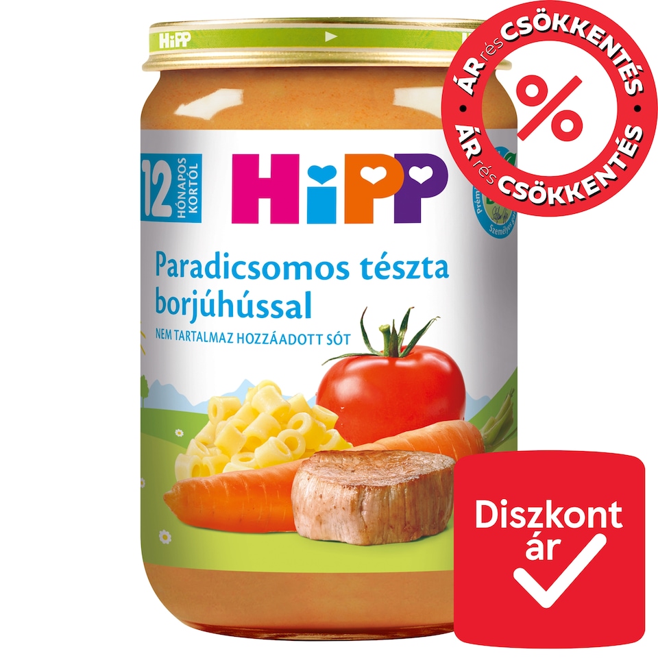 HiPP bio paradicsomos tészta borjúhússal bébiétel 12 hónapos kortól 220 g