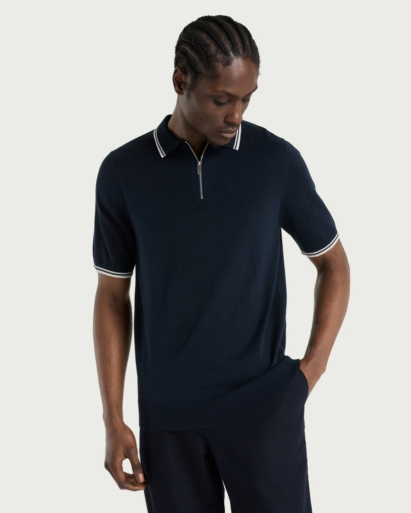 F&F Pure Cotton Zip Neck Polo Shirt in Navy