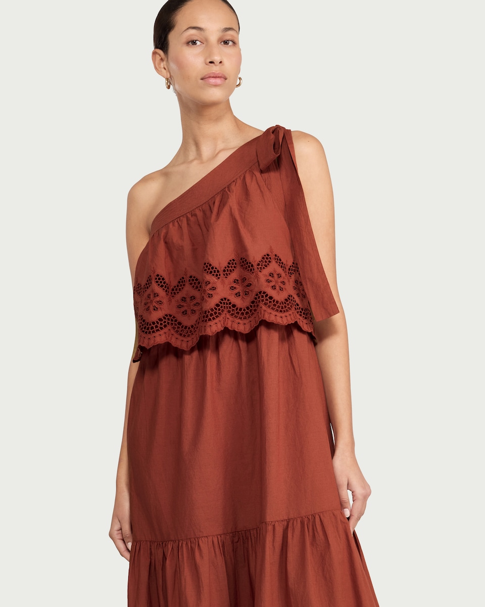 image 1 of The F&F Edit Pure Cotton Embroidered One Shoulder Maxi Dress in Red