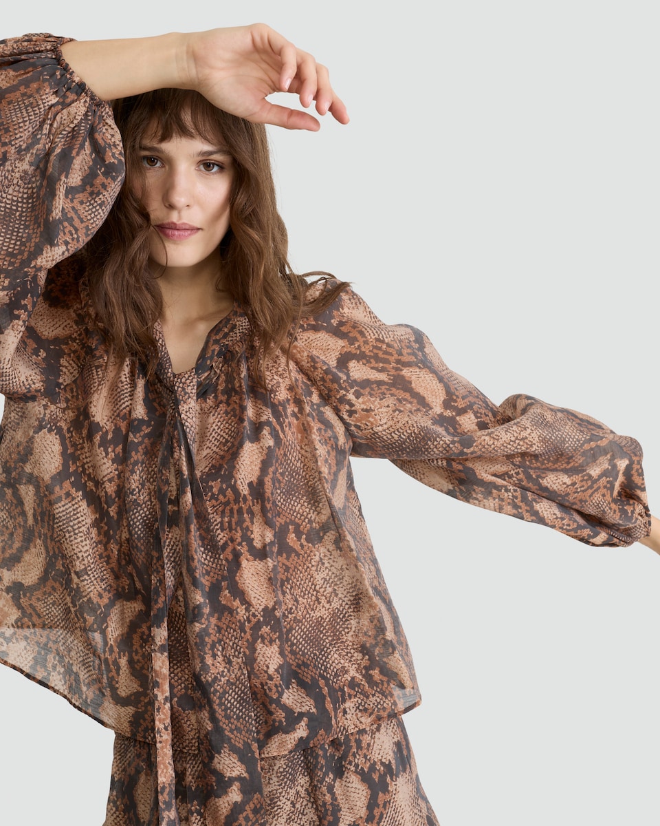 image 1 of F&F Snake Print Tie Neck Blouse in Multi Brown