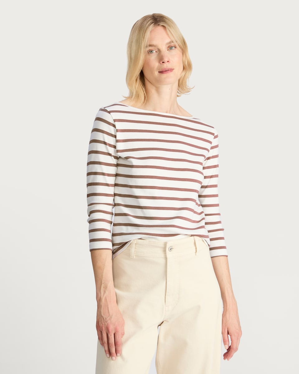 image 1 of F&F Pure Cotton Striped Boat Neck Top in Multi Brown