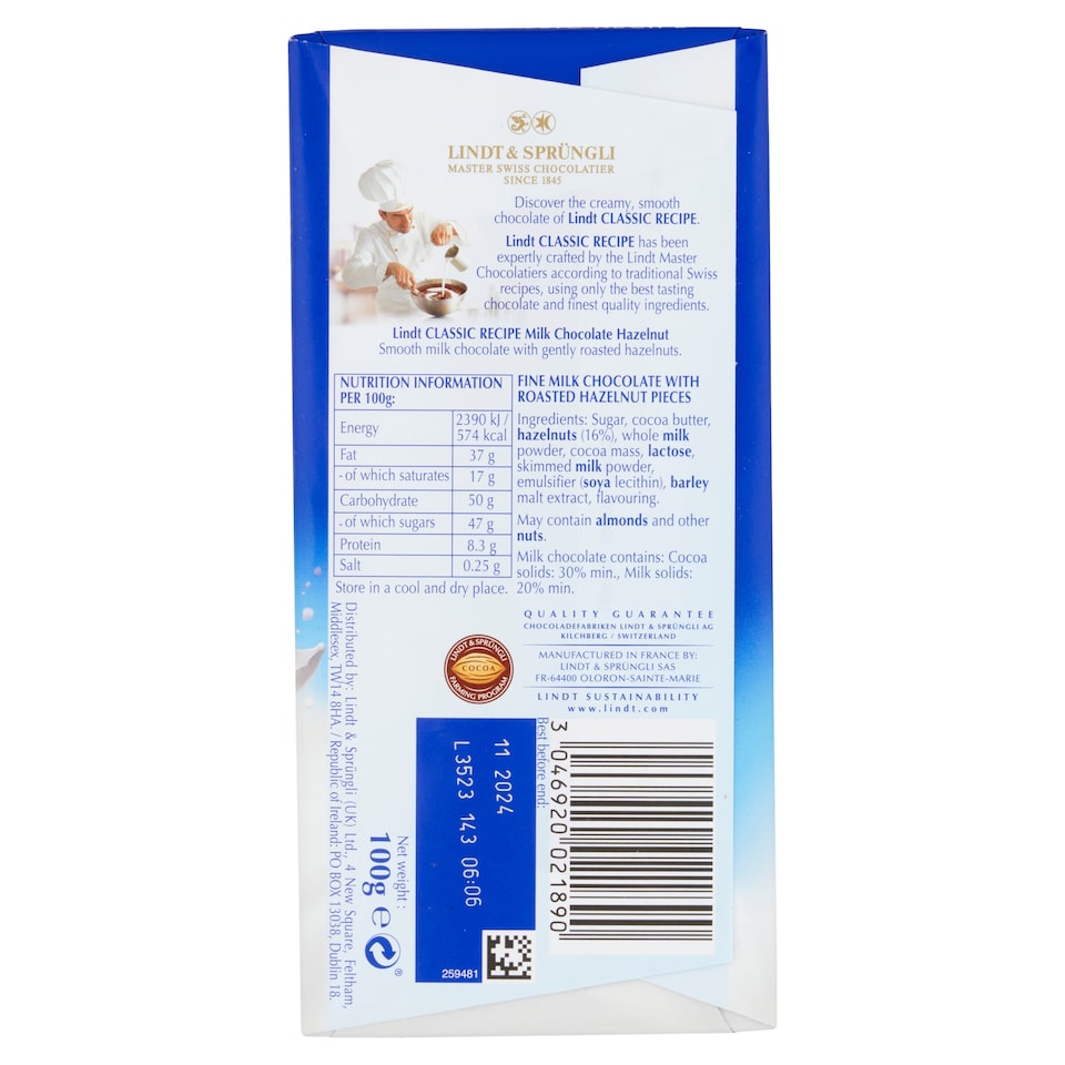 image 1 of Lindt Classic Recipe Milk Chocolate Bar - Hazelnut 100g