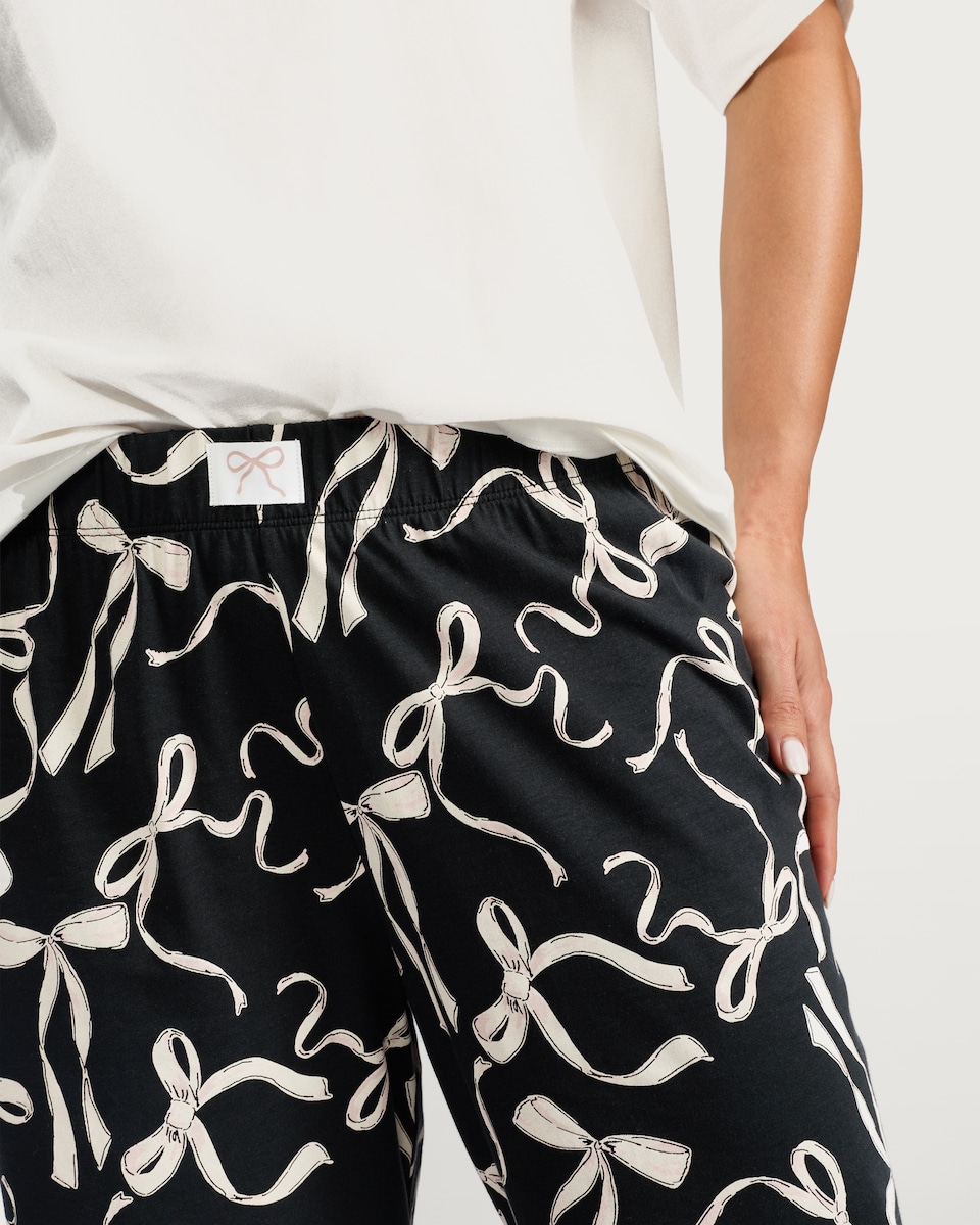 image 1 of F&F Pure Cotton Bow Print Pyjama Bottoms in Black
