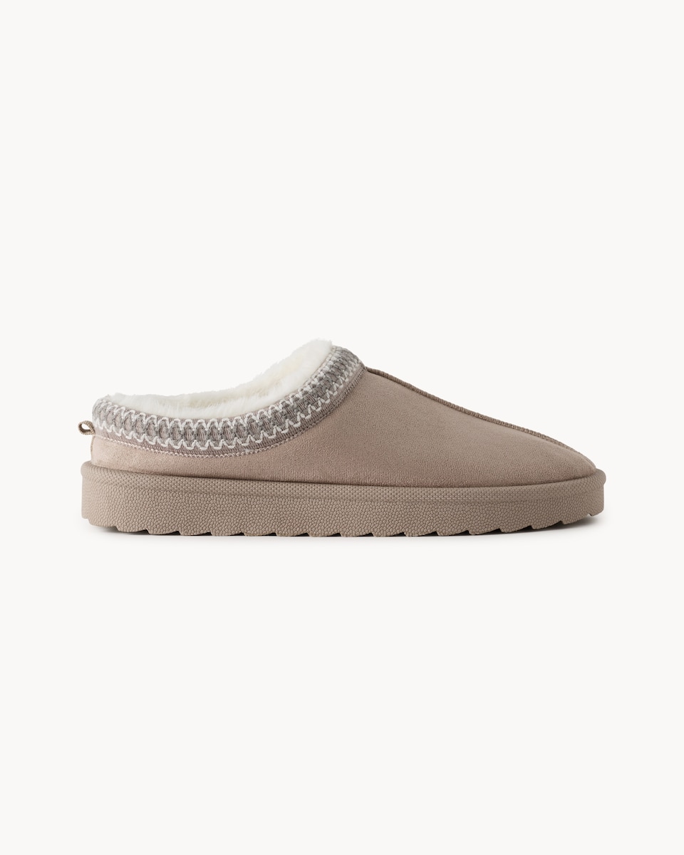 image 1 of F&F Faux Fur Lined Embroidered Mule Slippers in Natural