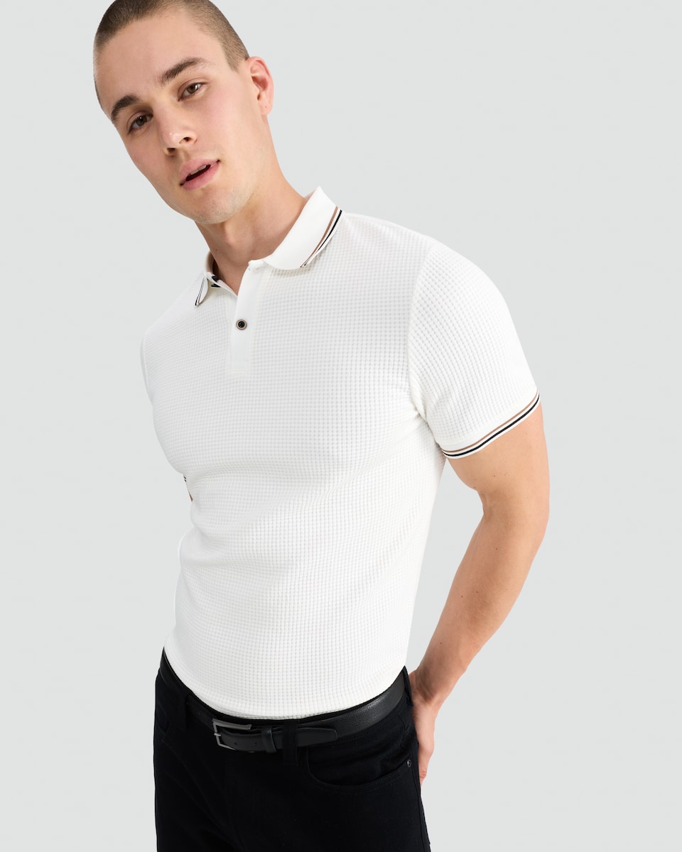 image 1 of F&F Cotton Blend Waffle Textured Polo Shirt in Cream