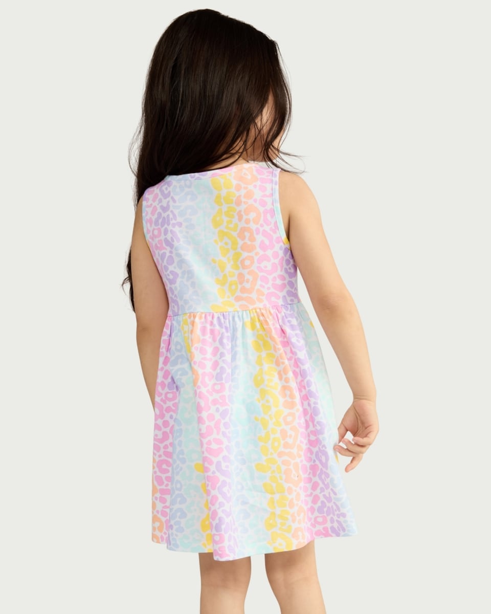 image 1 of F&F Girls Pure Cotton Animal Print Sleeveless Dress in Multi White