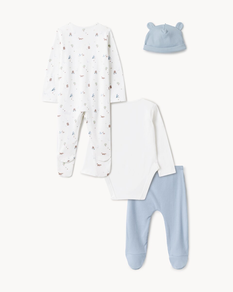 image 1 of F&F Baby 4-Piece Cotton Rich Forest Set in White