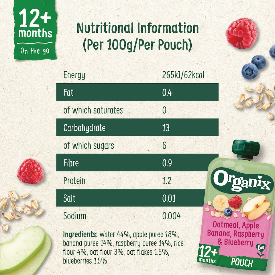 image 1 of Organix Oatmeal, Apple, Banana, Raspberry & Blueberry Pouch 100g