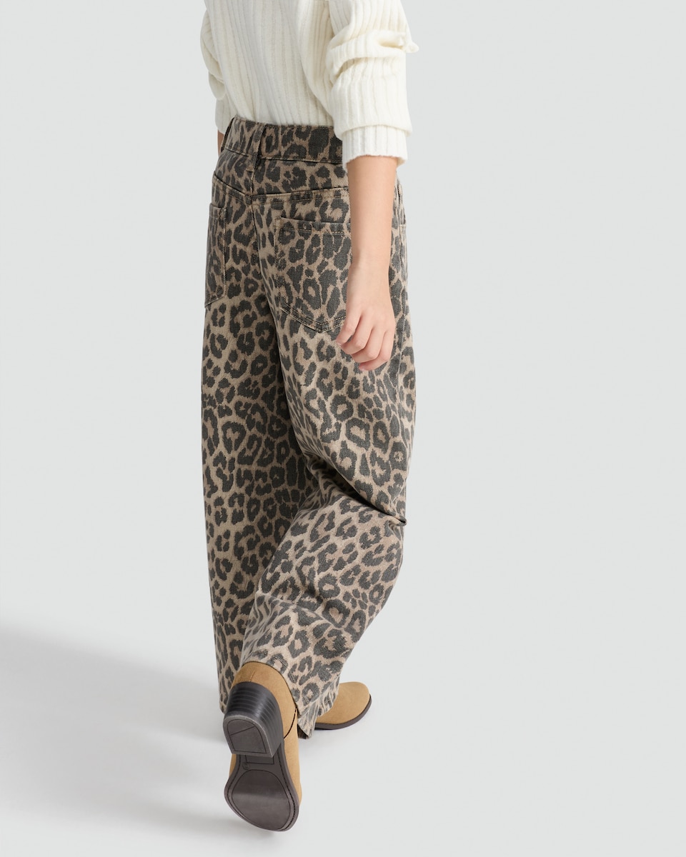 image 1 of F&F Girls Pure Cotton Leopard Print Wide Leg Jeans in Multi Brown