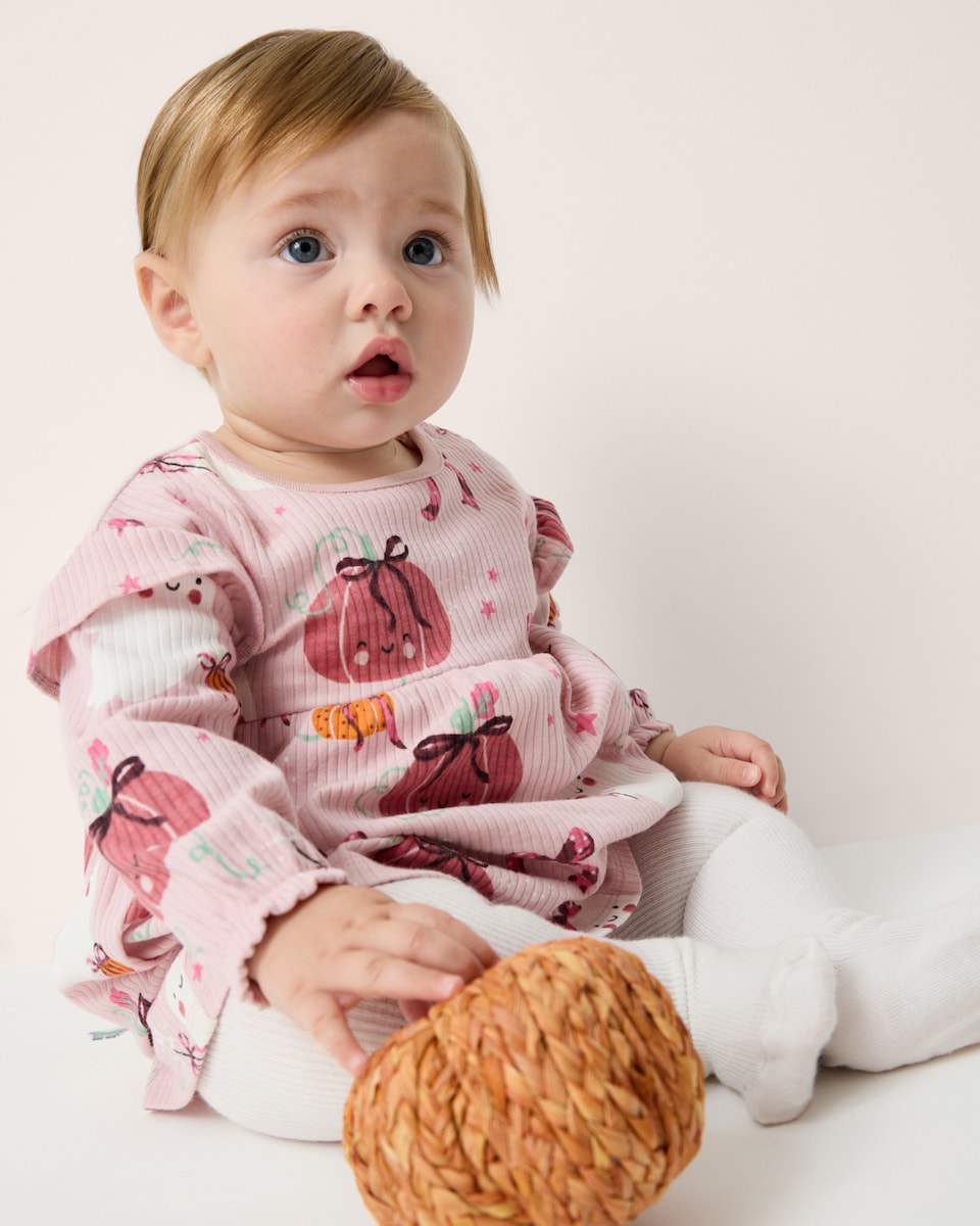 image 1 of F&F Baby Cotton Rich Ribbed Halloween Dress in Pink