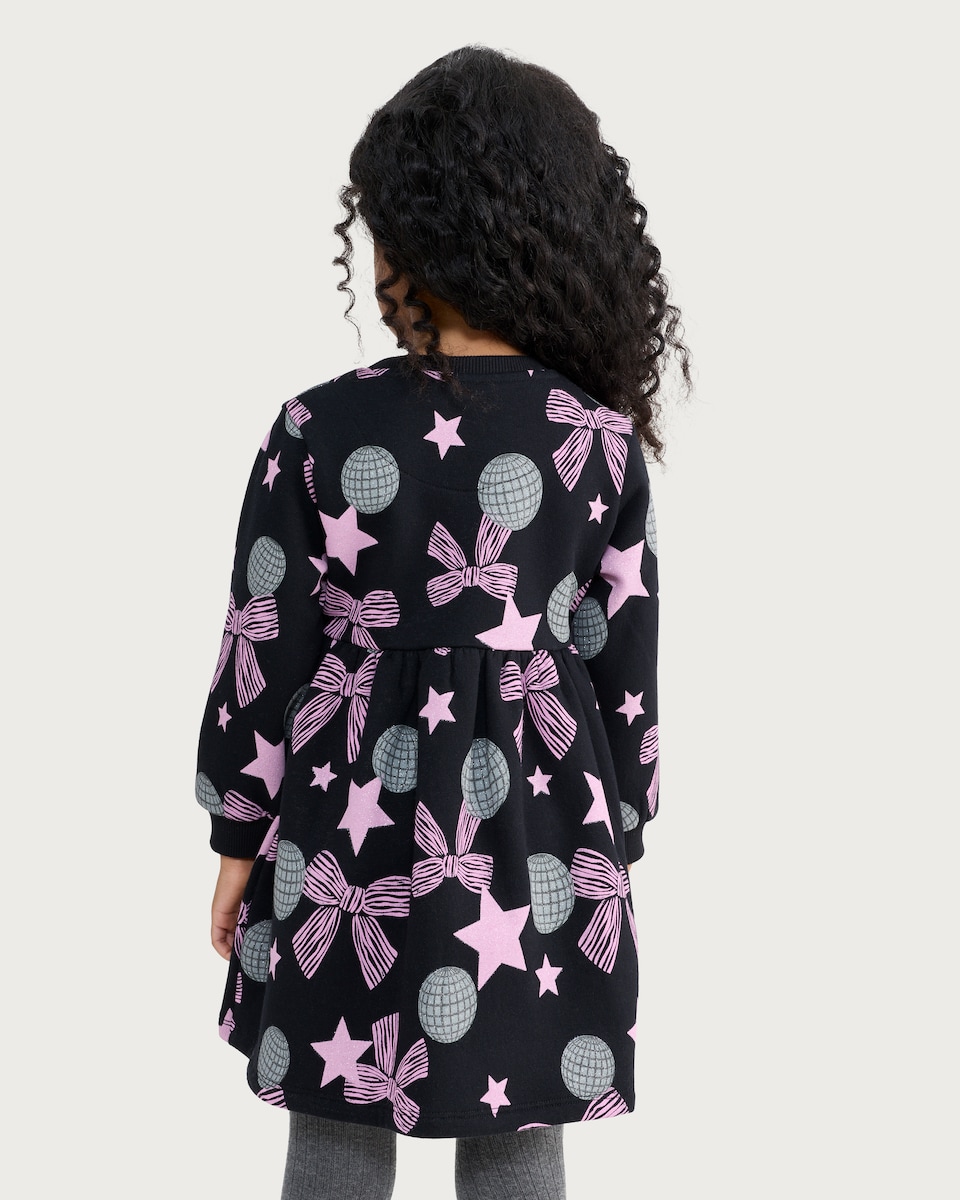 image 1 of F&F Girls Cotton Rich Disco Ball Bow Print Sweat Dress in Black