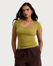 F&F Cotton Rich Ribbed Scoop Neck Buttoned T-Shirt in Olive