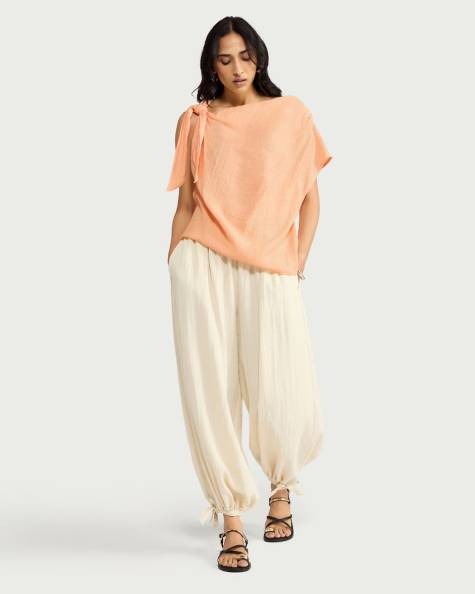 image 1 of F&F Textured Tie Shoulder Blouse in Coral