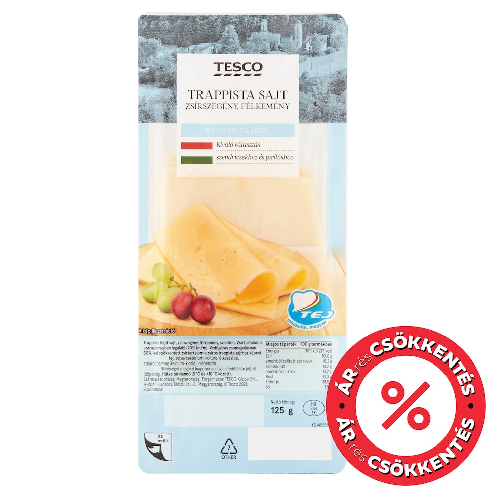 Tesco szeletelt, zsírszegény, félkemény trappista sajt 125 g