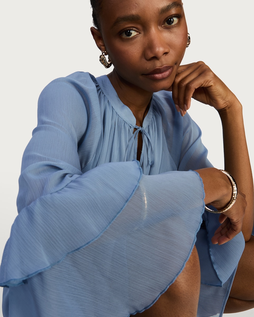 image 1 of F&F Tiered Sleeve Tie Waist Mini Dress in Blue