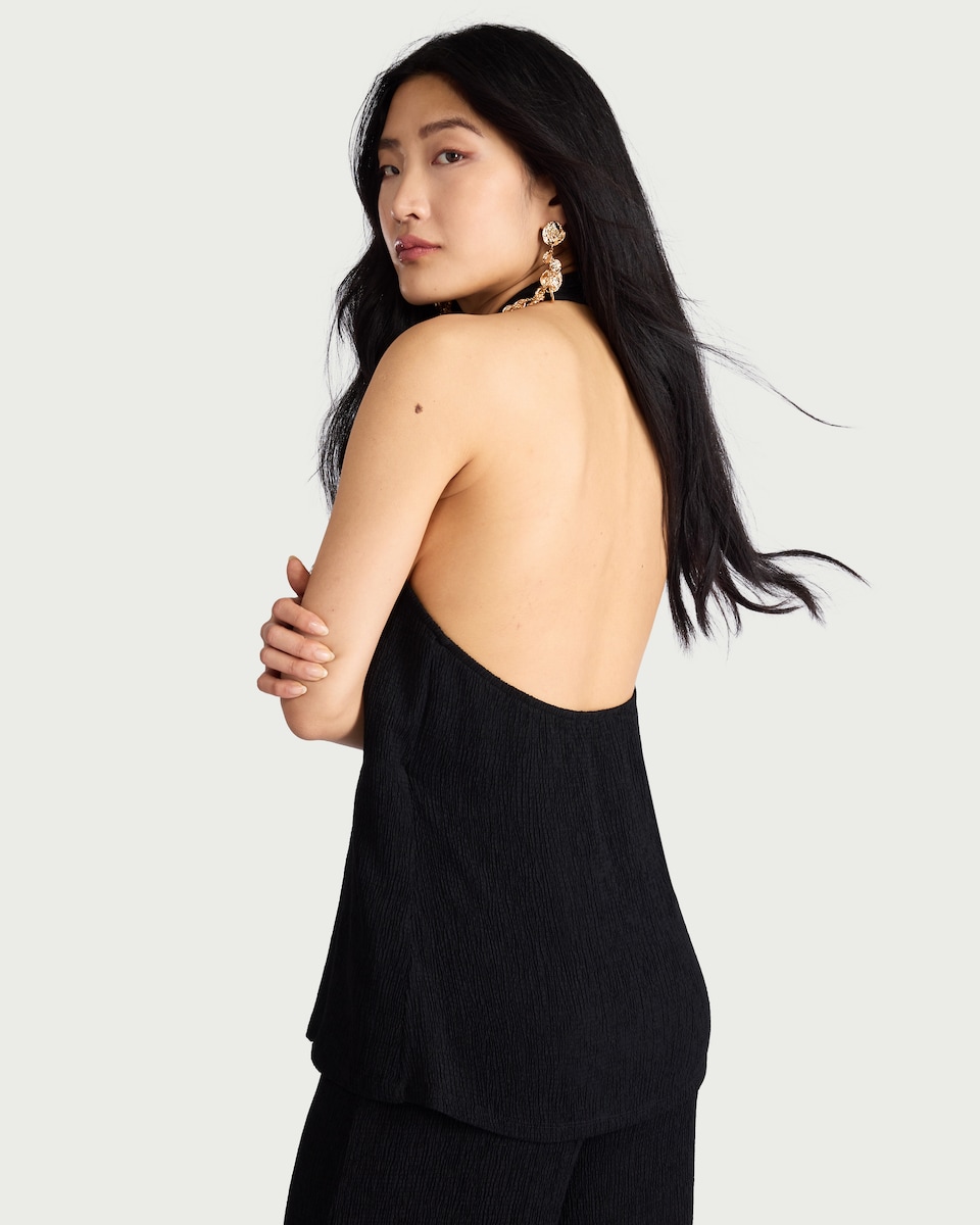 image 1 of F&F Crinkle Textured Co-ord Halterneck Top in Black