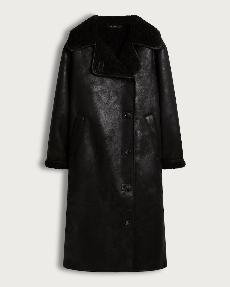 image 1 of F&F Faux Leather Shearling Collar Longline Coat in Black