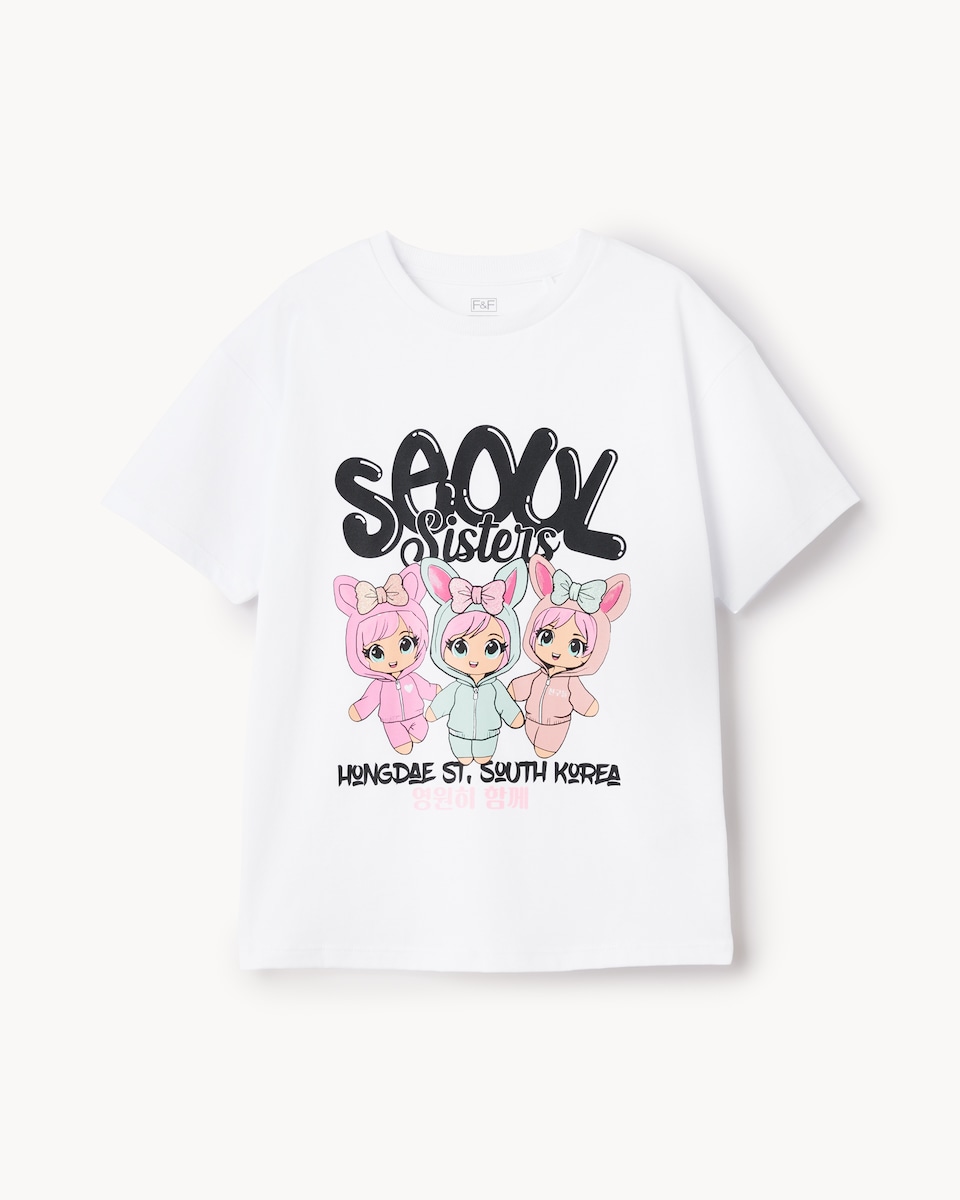 image 1 of F&F Girls Pure Cotton Seoul Sisters T-Shirt in White