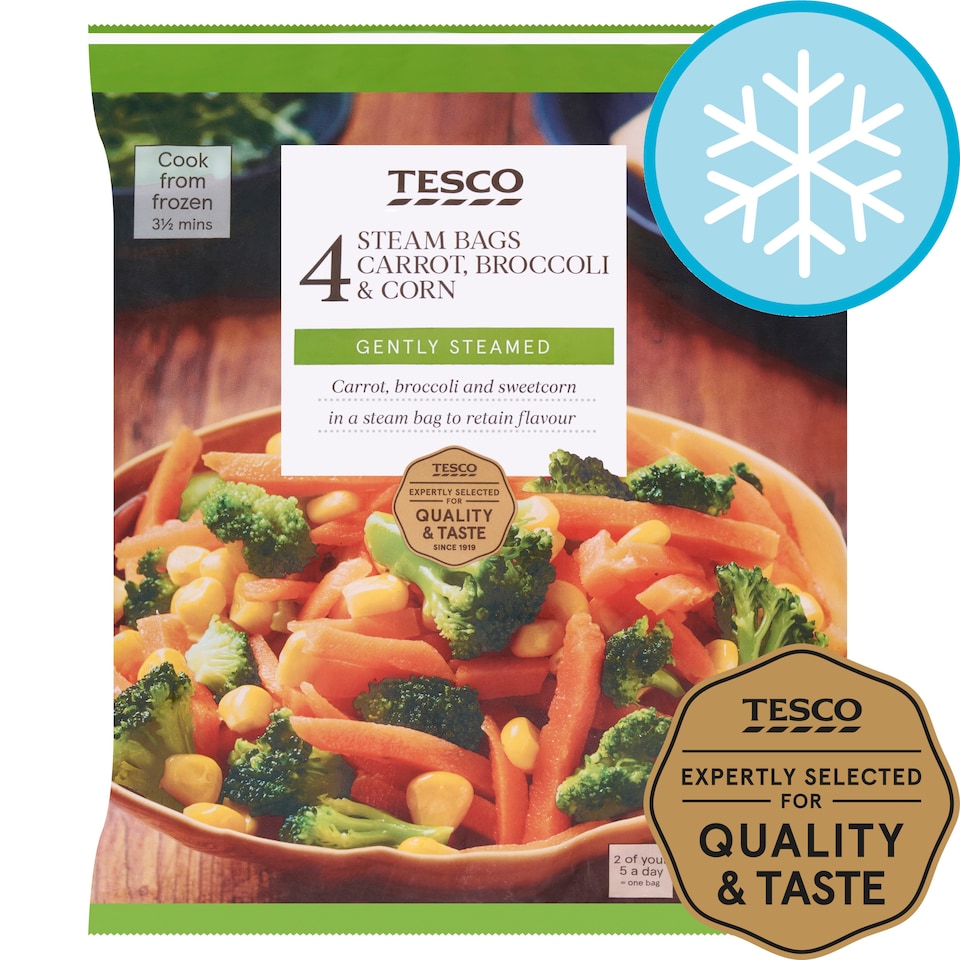 Tesco Steam Bags Carrot, Broccoli & Corn 4 x 160g (640g)