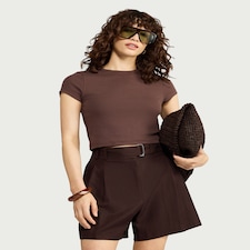 The F&F Edit Lyocell Blend Pleated Co-ord Shorts in Chocolate