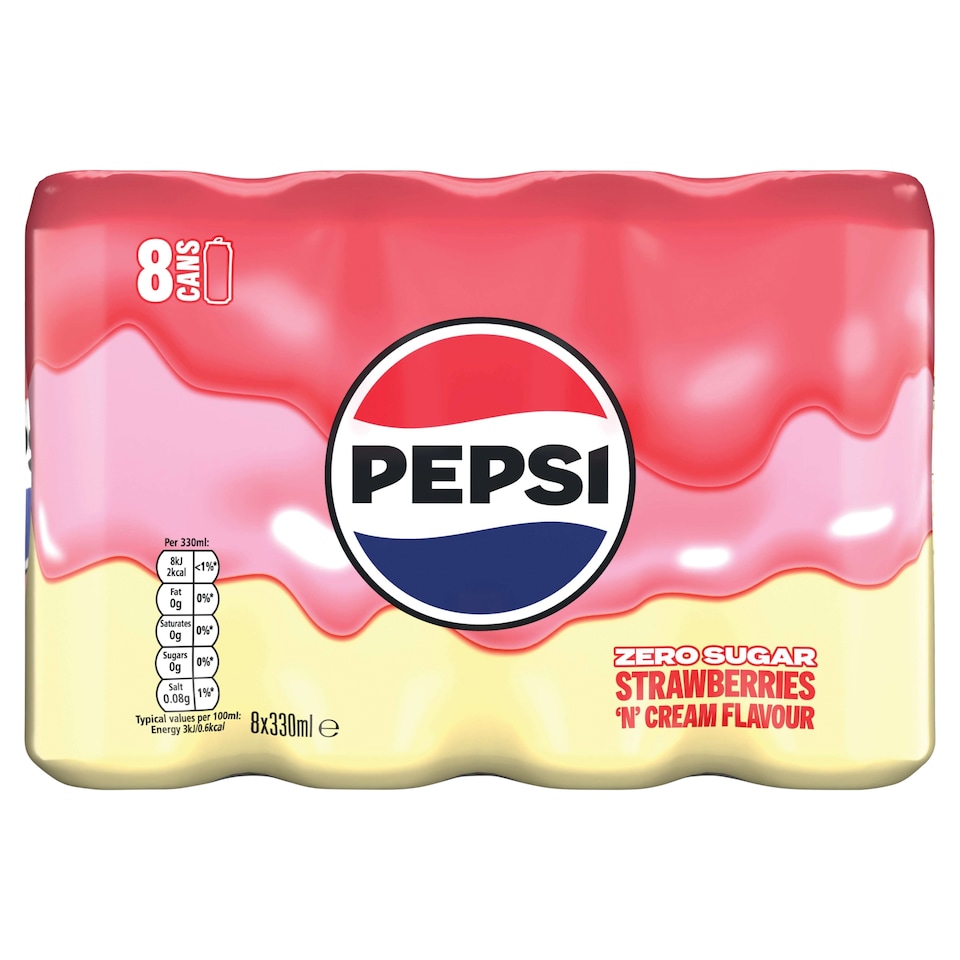 Pepsi Zero Sugar Strawberries 'N' Cream Flavour Soft Drink 8 x 330 ml