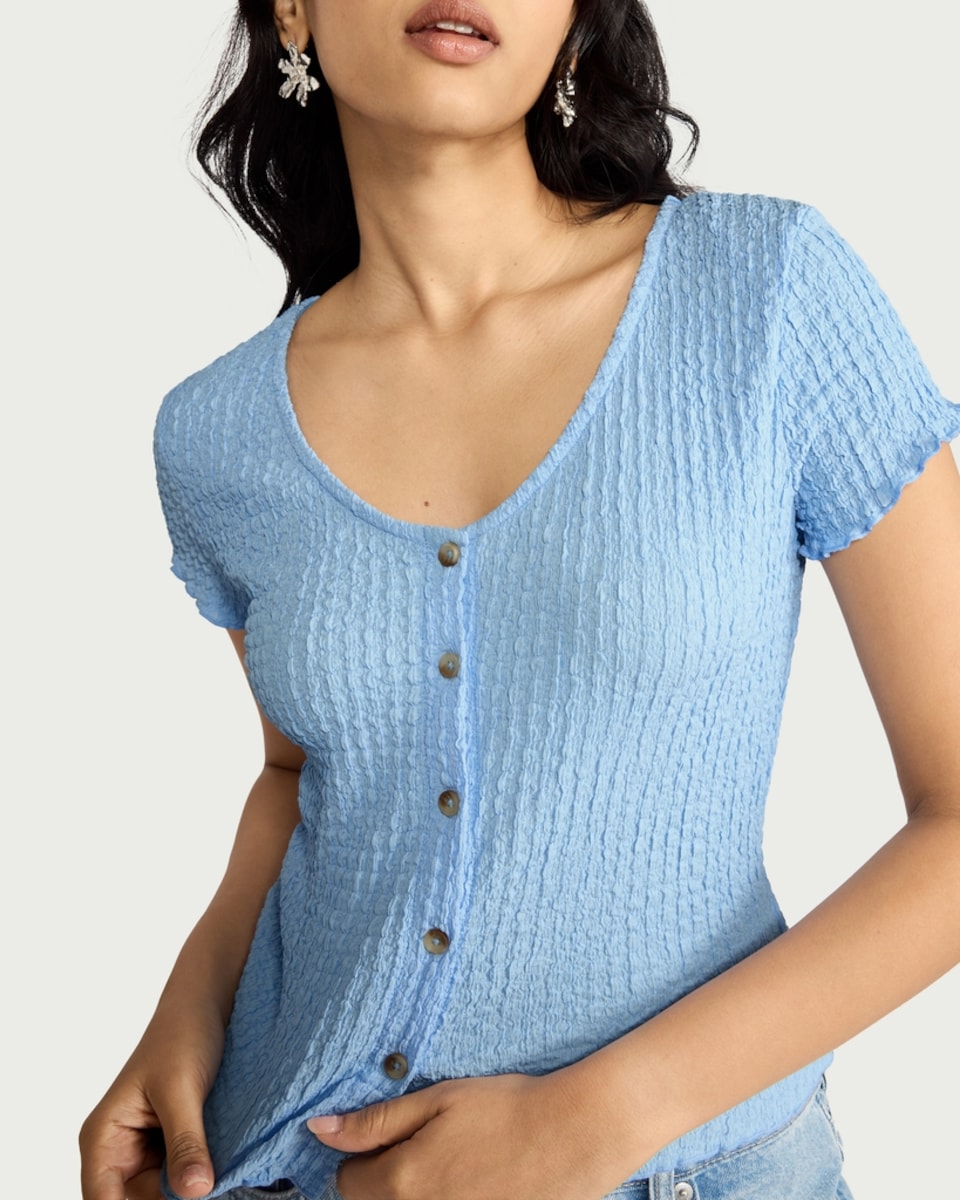 image 1 of F&F Textured Button Front Top in Blue