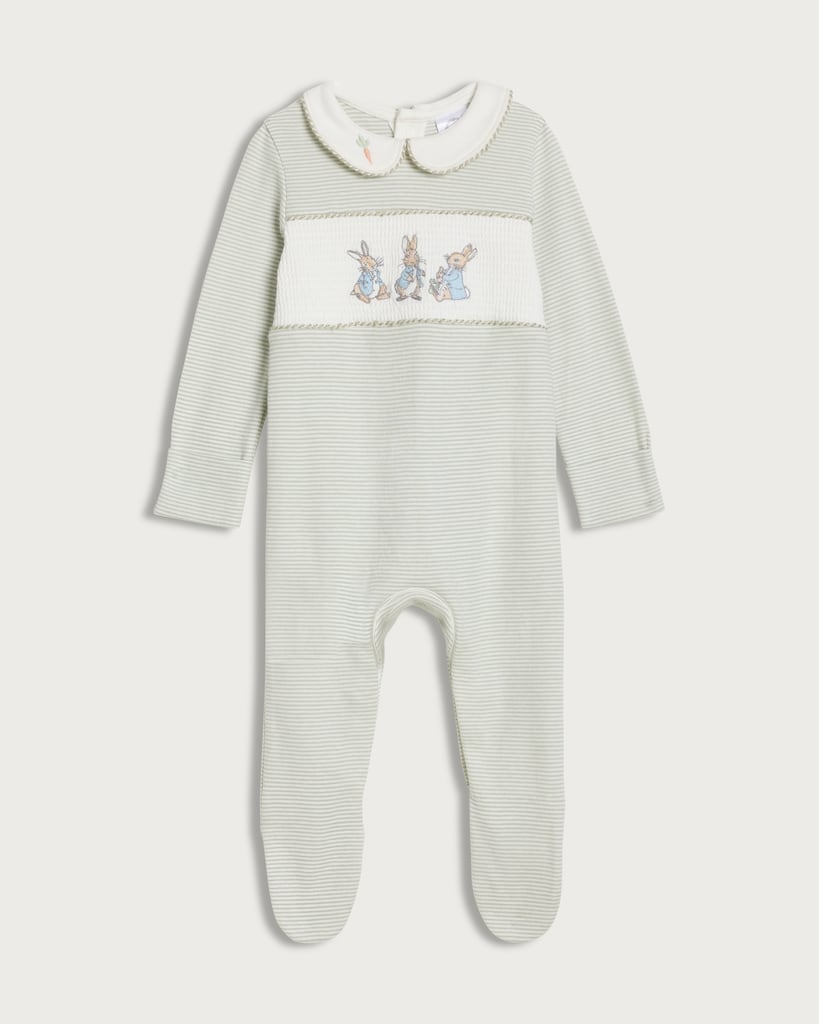 Peter Rabbit Pure Cotton Striped Long Sleeved Sleepsuit in White