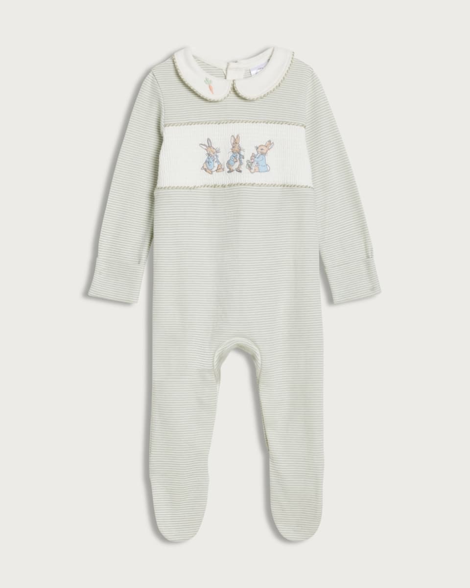 Peter Rabbit Pure Cotton Striped Long Sleeved Sleepsuit in White