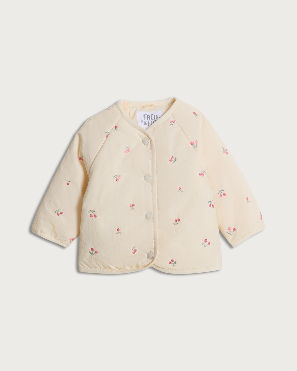 image 1 of F&F Baby Cherry Embroidered Jacket in Cream