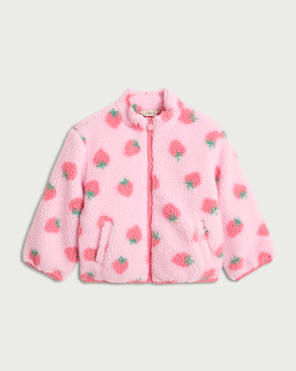 image 1 of F&F Girls Fleece Strawberry Print Jacket in Pink