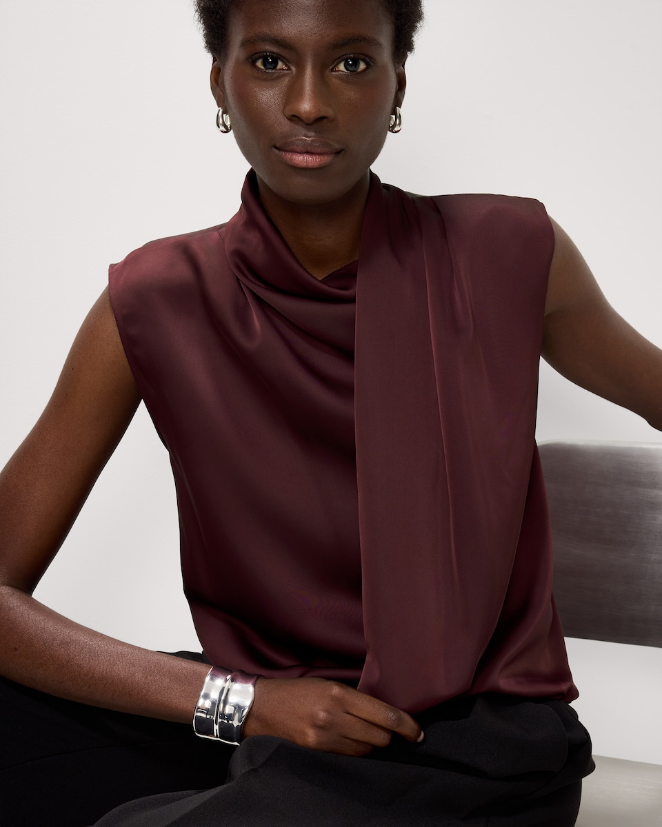 image 1 of F&F Satin Draped Blouse in Burgundy