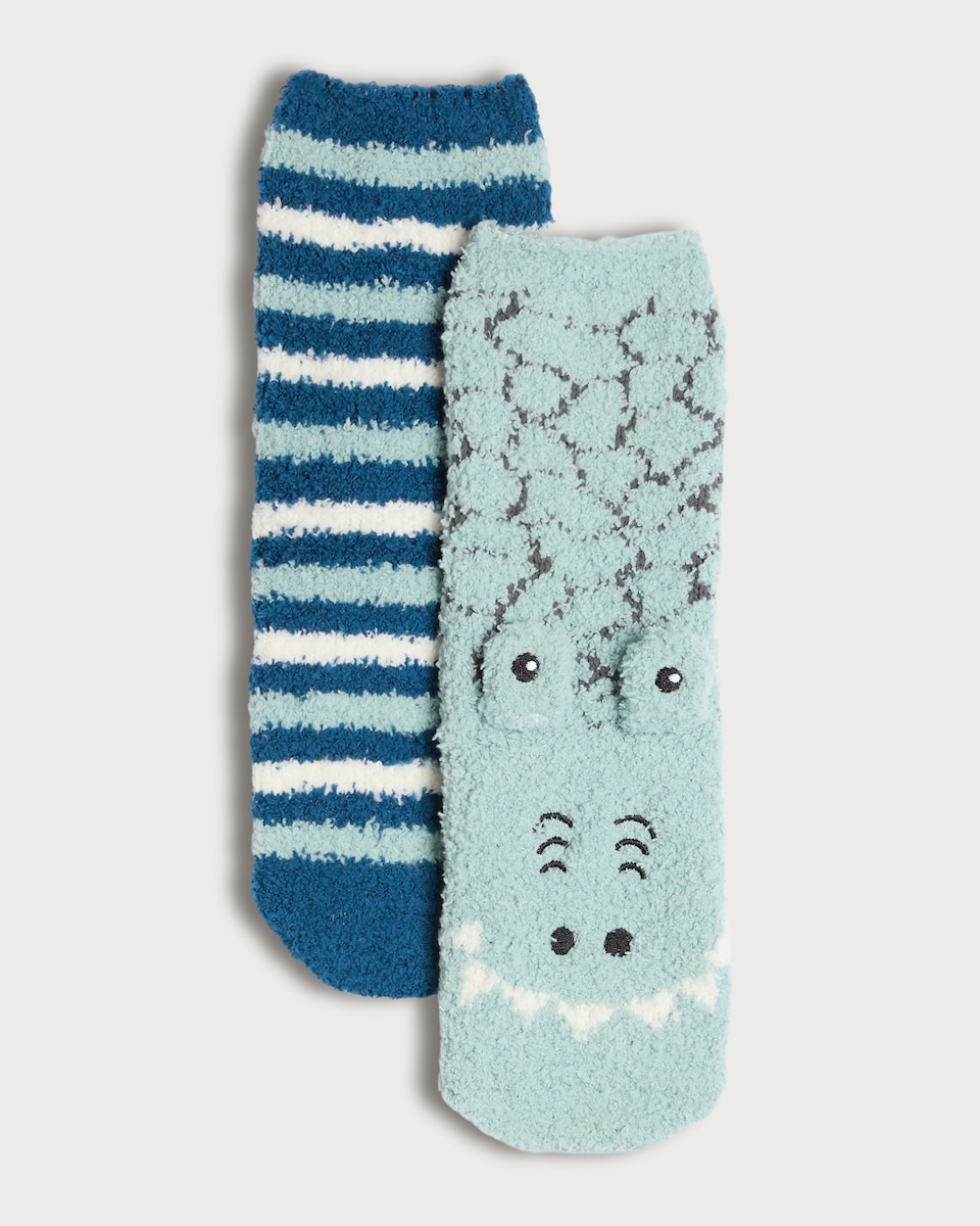 F&F Boys 2-Pack Fluffy Dinosaur Cosy Socks in Multi