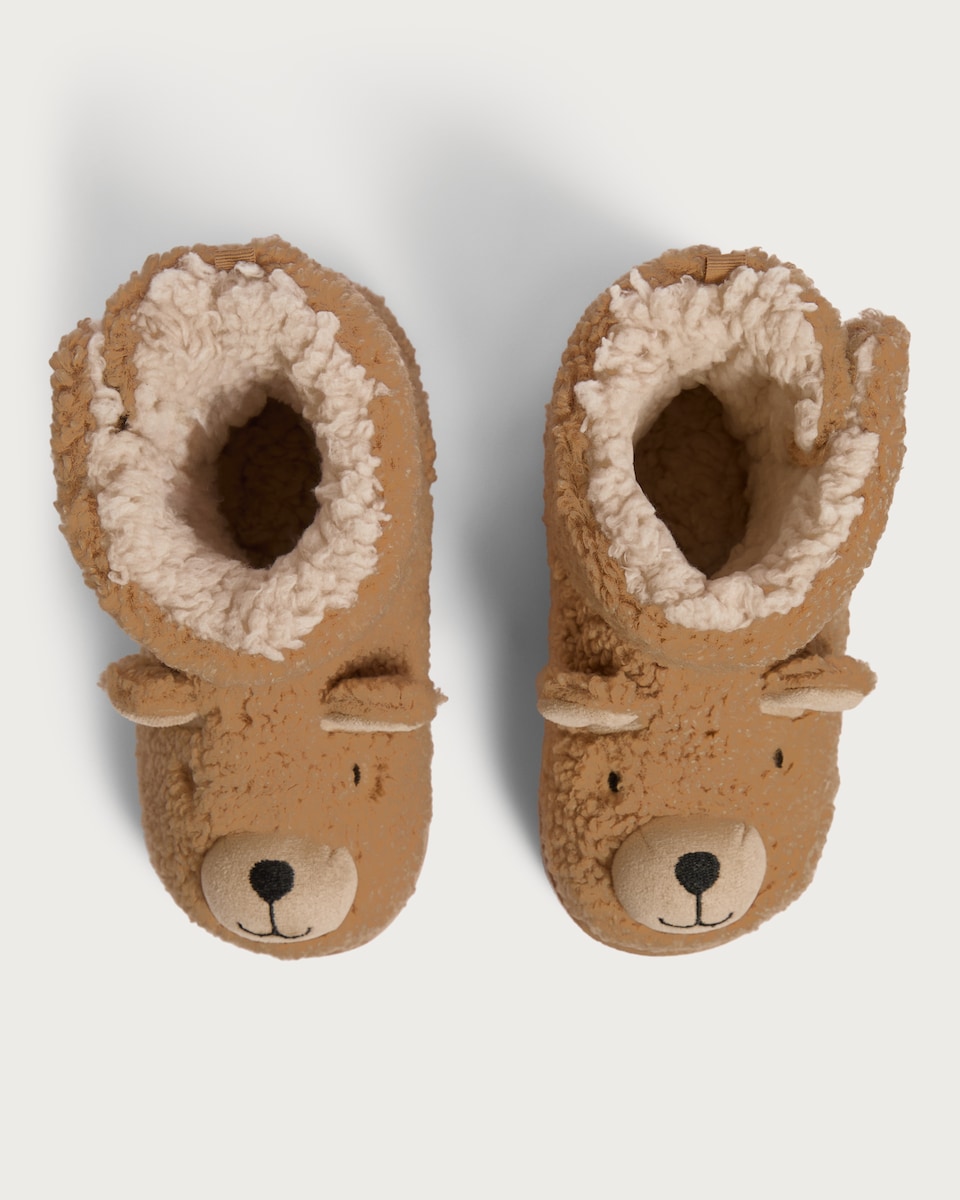 image 1 of F&F Girls Borg Bear Face Boot Slippers in Brown