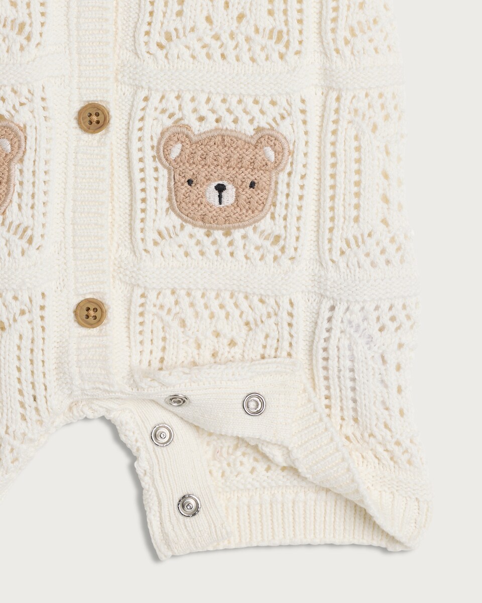 image 1 of F&F Baby Pure Cotton Knitted Bear Pattern Short Sleeved Romper in White