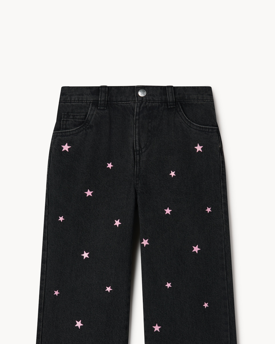image 1 of F&F Girls Pure Cotton Star Embroidered Wide Leg Jeans in Black