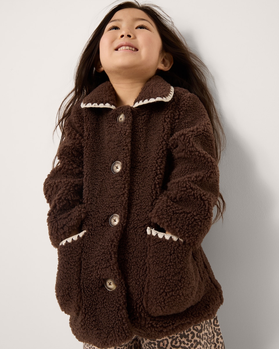 image 1 of F&F Girls Borg Button Up Coat in Brown